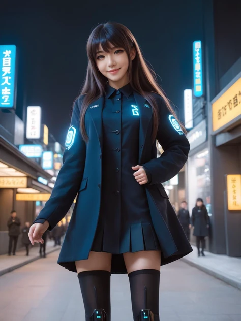 cyberpunk world,best quality,masterpiece,ray tracing, global illumination, solo, cyberpunk japan, science fiction,cyberpunk, symmetry, facing viewer, lucia, (light smile:0.5), looking at viewer, long hair, (((bangs))), depth of field, bioluminescence, 25-y...