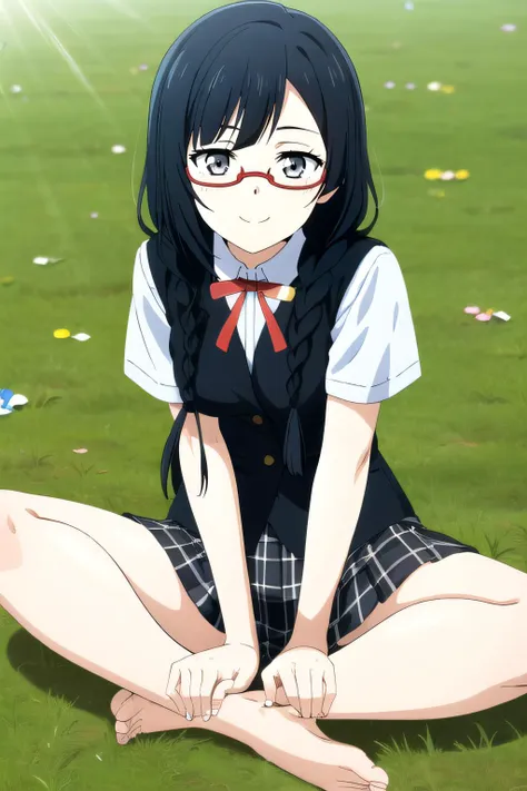 anime girl sitting on the ground with her legs crossed