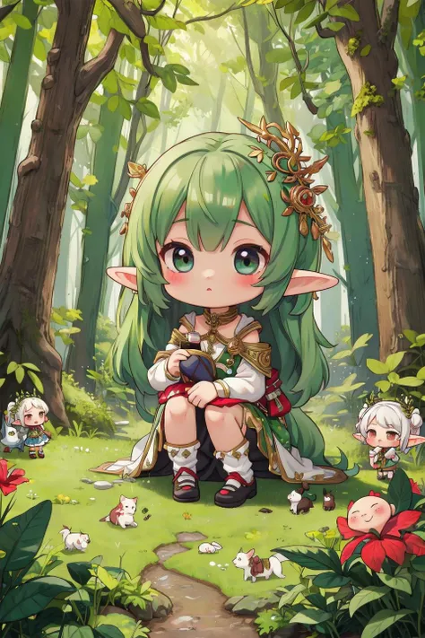 masterpiece,best quality,girls,chibi,elf,forest