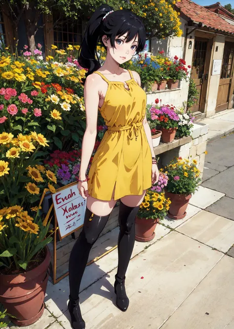 anime girl in yellow dress standing in front of a flower shop