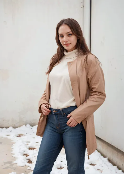 a woman in jeans and a jacket standing in the snow