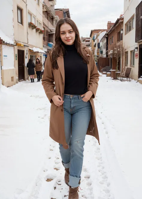 a woman standing in the snow wearing a coat and jeans