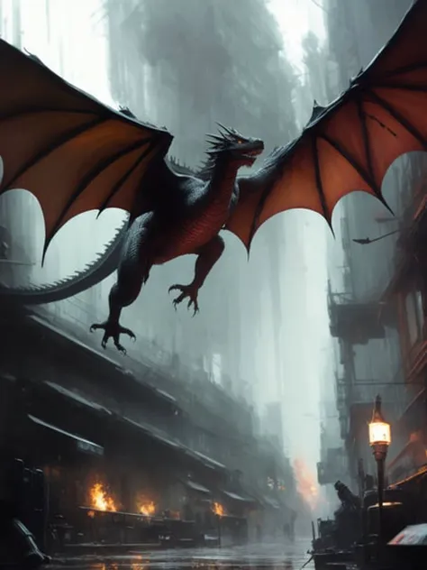 a red dragon flying over a city street in the rain