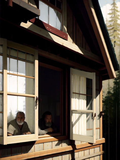 (close up outdoor view of a house window of  in front is a very ugly man looking at the camera:1.4), professional creepy majesti...