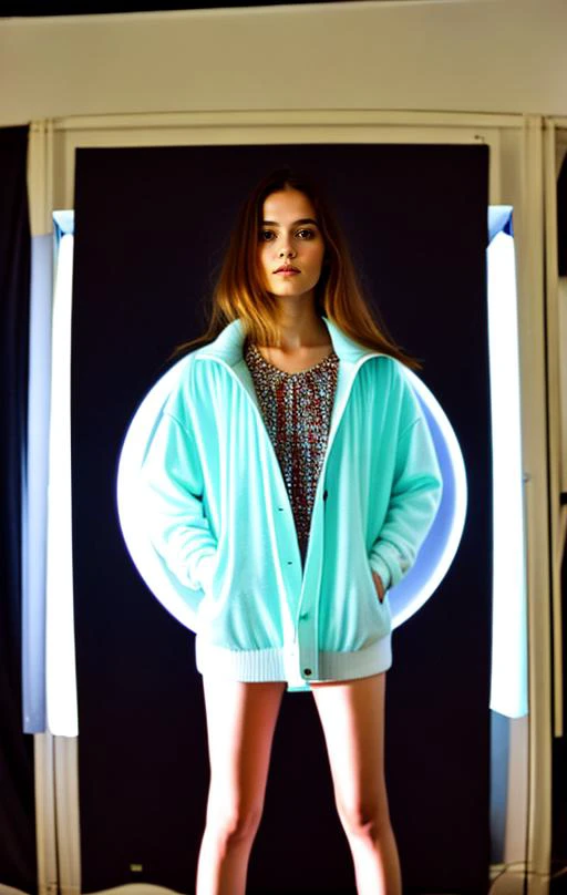 arafed woman in a blue jacket and shorts standing in front of a black background