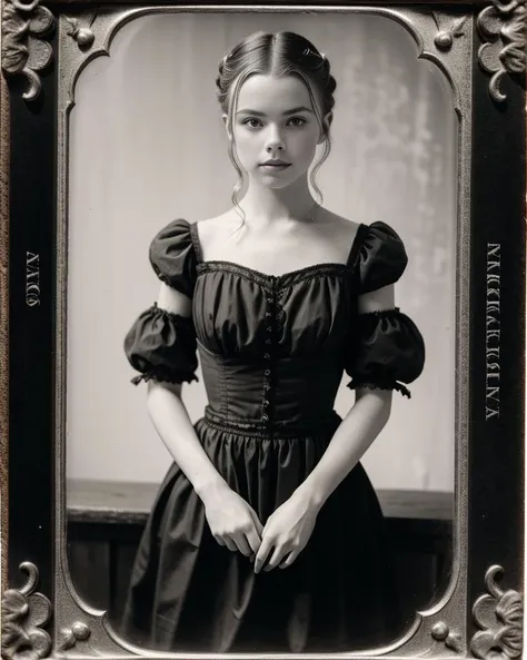 a black and white photo of a woman in a dress