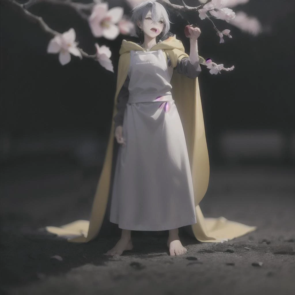 absurdres, best quality, <lora:vocaloid_flower-10:1>, flower (v4), short hair, holding apple, open mouth, (white long apron), (yellow hooded long cloak), cherry blossoms, looking to the side, dusk,   <lora:LowRA:0.6>, (simple background:0.9), barefoot,