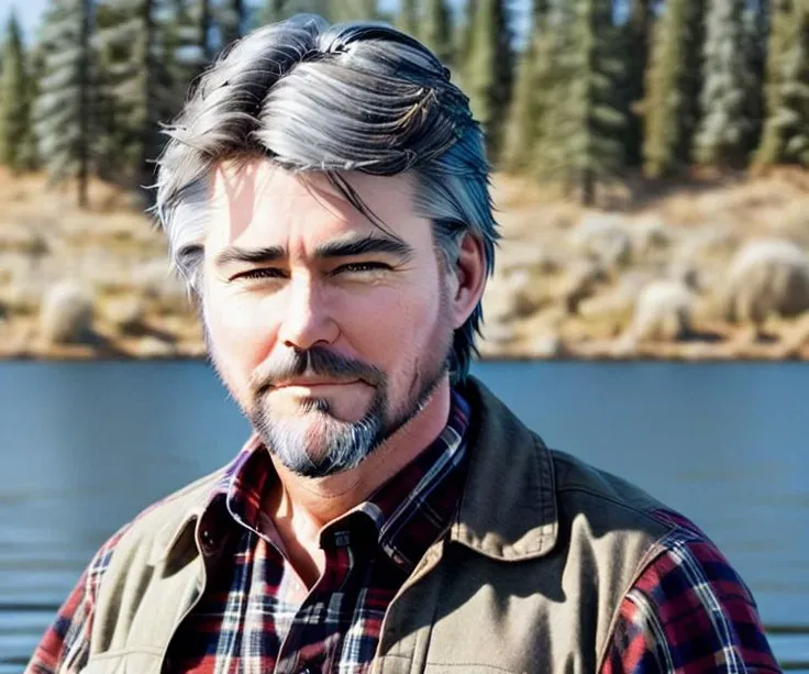 stringfellowhawke with gray hair and big beard, wearing plaid shirt, lake with a landing pad in the background, intricate detail, super sharp, high quality, nice bokeh, professional photography, <lora:hjstringfellowhawke_v10-000008:0.9>