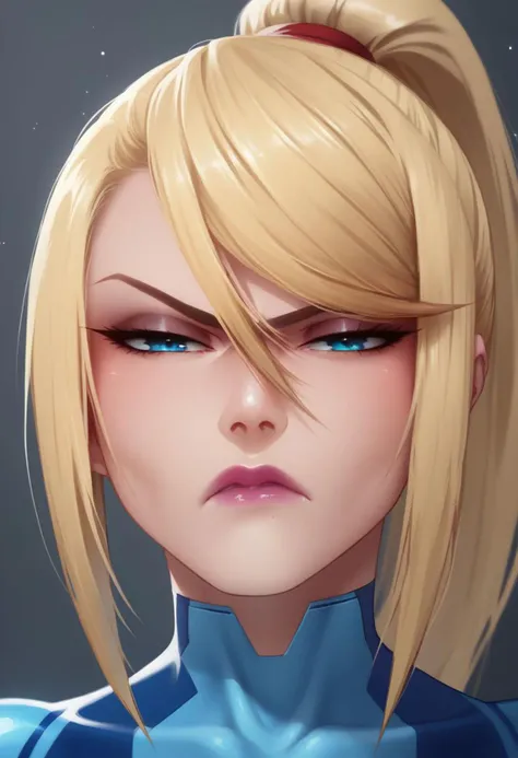 score_9, 1girl, samus aran, blonde hair, hair between eyes, blue eyes, pink lips, narrowed eyes, half-closed eyes, disgusted fac...