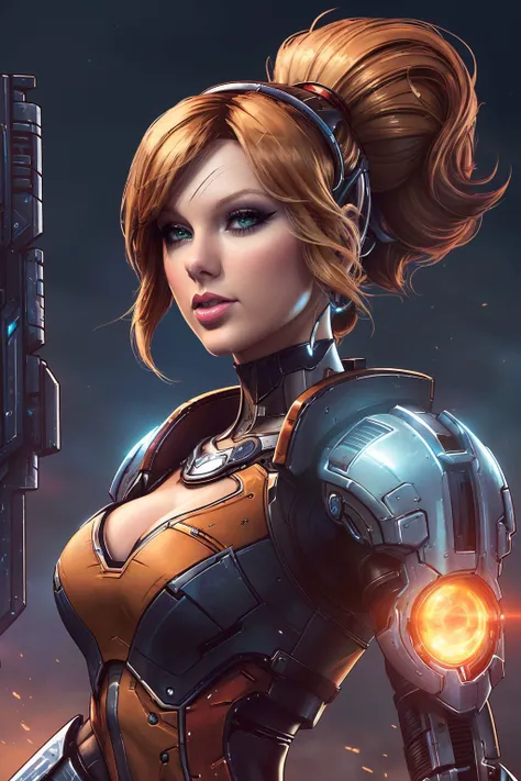 A stunning digital painting of (taylor swift:1.0),solo, (middle shot:1.4), realistic, masterpiece, best quality, high detailed, (As Gaige from Borderlands 2, craft a stunning artwork of the female Mechromancer, her eyes aglow with the thrill of innovation,...