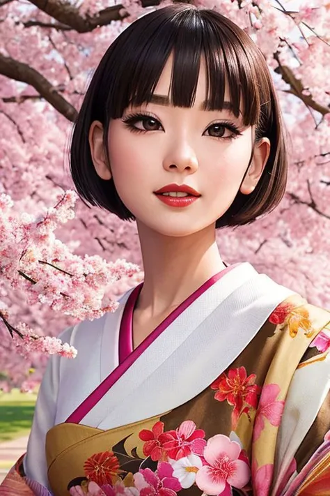 beautiful japanese young woman, thick symmetrical features, very short hair, background is cherry blossoms, pink aura, red lips, octane render,