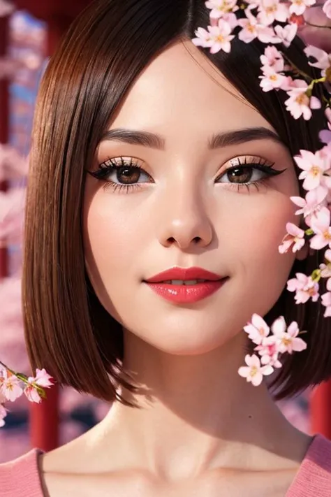 beautiful japanese young woman, thick symmetrical features, very short hair, background is cherry blossoms, pink aura, red lips, octane render,