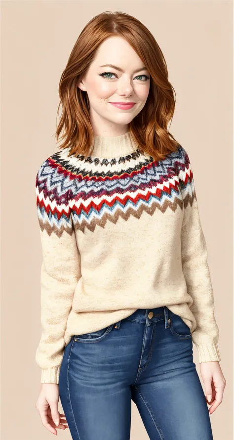 (audra miller:0.8), emma stone,  edgQuality, naughty smile, standing, posing for a picture, centered, symetric, 
[cartoon, vector art, anime :realistic, real life, hyper realistic:0.35],
edgPO, wearing edgPO pullover, a woman wearing a sweater with a chevr...