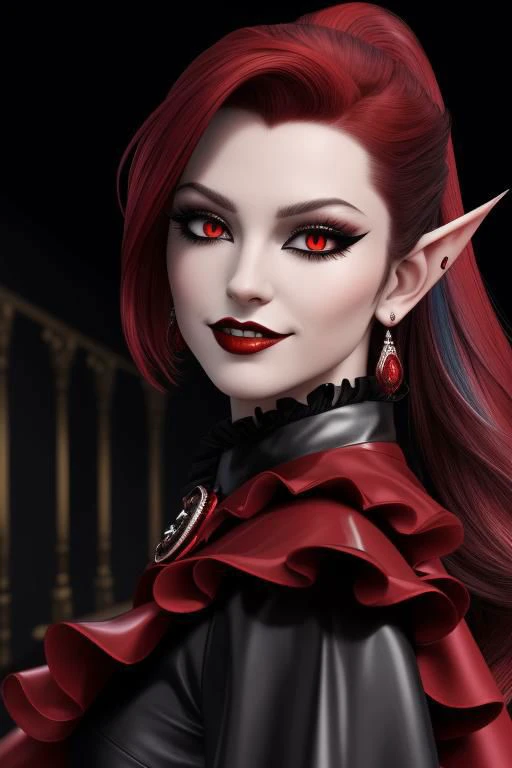 (half body, cowboy shot:1.2), professional image of a cute vampire woman, (frilly elegant glossy latex vampire cloak, vampire brooch, vampire earrings, vampire accessories),
(long hair, ponytail, hair above cheeks, gray hair with red hairtips, gradient hai...