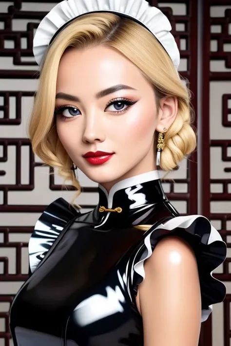 masterpiece, best quality, professional detailed photo of (blonde Chinese beauty:1.3) wearing (glossy latex Victorian maid dress:1.3), (perfect face, beautiful face, symmetric face)