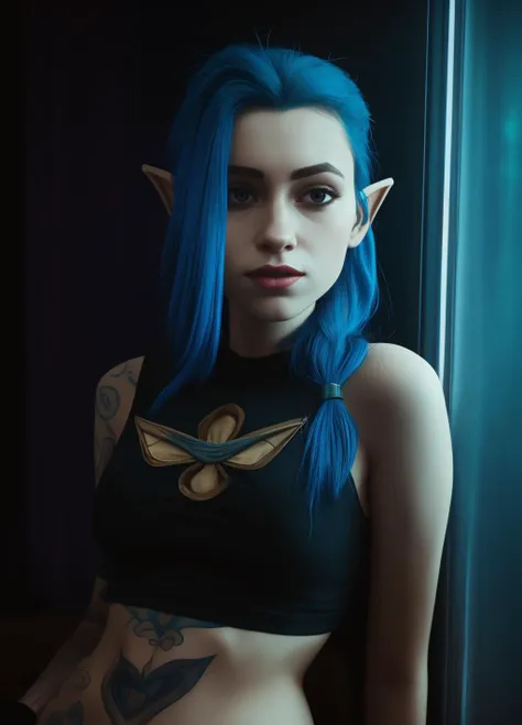 <lora:Arcane_jinx-v4:0.8> j1nx101, 1girl, (blue crop top:0.8),  blue hair, 
BREAK,
fantasy, magical, (pointy ears), thin, slender, fit body, hetero, (mystical tattoos)
<lora:epi_noiseoffset2:1> <lora:breastsizeslideroffset:0.1> 20 yo woman, (volumetric lig...