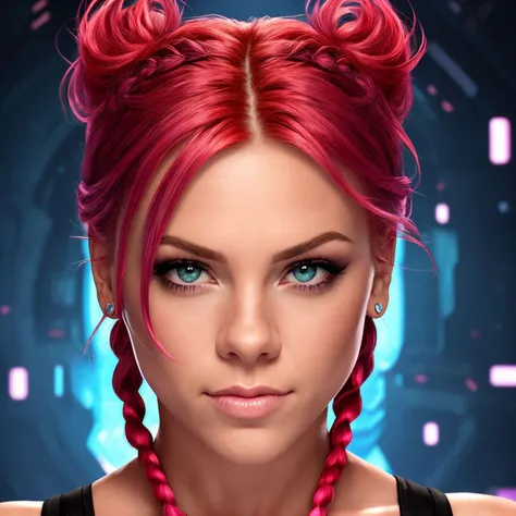 (p!nk:1.0) face, , beautiful young woman, symmetrical face, , fit, skillful,
scene is set in the Cyberspace, 2d game art, red hair braided elegantly,
best quality, masterpiece, ,