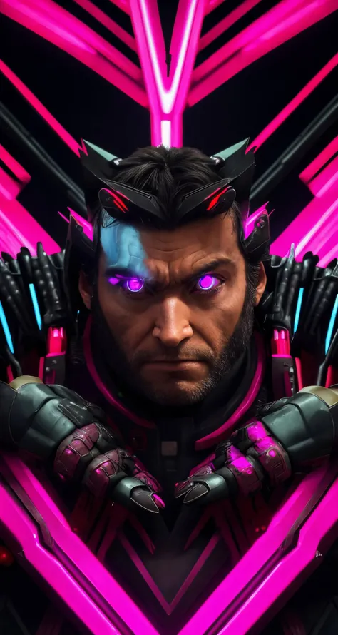 Wolverine, deep in Amazon rainforest, confronts remnants of the Weapon X program, closeup, centered, looking at viewer, middle shot,
cyberpunk theme, futuristic, sci-fi, cybernetic, magenta, neon lights, cyberpunk style, 
highres, precise, detailed,  [cart...