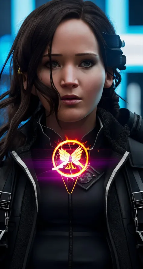 Katniss Everdeen, undercover Capitol ball, rebellions secret message, closeup, centered, looking at viewer, middle shot,
cyberpunk theme, futuristic, sci-fi, cybernetic, , , cyberpunk style, 
highres, precise, detailed,  [cartoon, vector art, anime :realis...