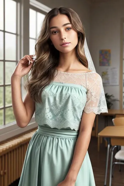 a woman in a green dress standing in front of a window