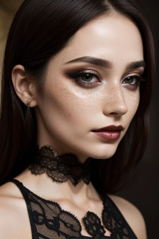 close-up shot, woman, gothic make-up, detailed skin, light freckles, shallow depth of field, OverallDetail <lora:more_details:0.3> , shiny, shiny hair, shiny skin, shiny clothes