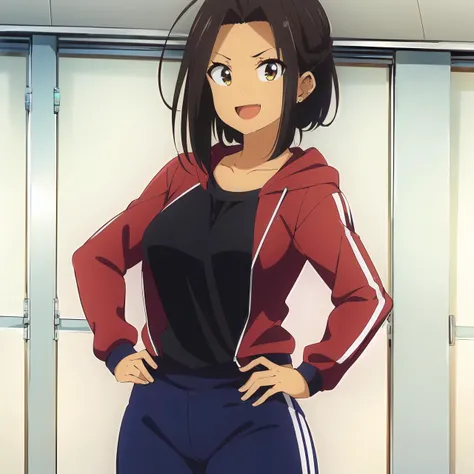 (masterpiece), (best quality), (hikarihazakura), 1girl, solo, breasts, tall, large_breasts, see-through, (nipples:0.9) smile, open_mouth, black_hair, yaoyorozu_momo, (shrunken_irises), brown_eyes, brown_hair, jacket, ahoge, pants, indoors, dark_skin, hood,...