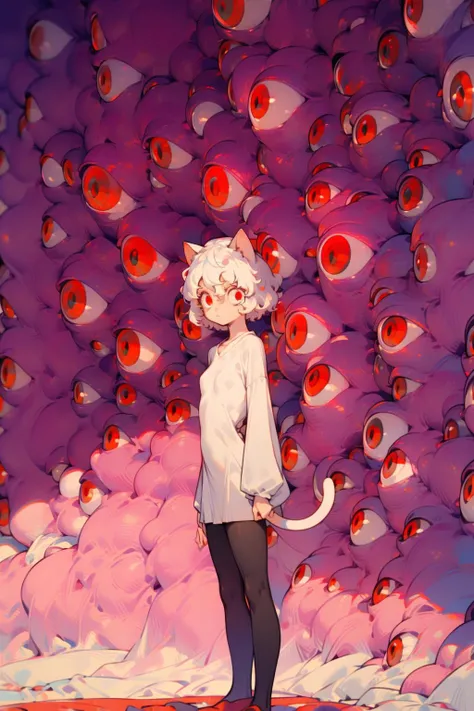 masterpiece, best quality, 1girl, neferpitou, short hair, (red eyes:1.5), animal ears, tail, white hair, cat ears, cat tail, curly hair, (small breast:1.2), eyes everywhere
 <lora:neferpitou:1>  <lora:eyes everywhere:1>