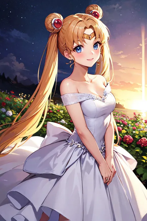 masterpiece, best quality, highres, 1girl, aausagi, double bun, twintails, parted bangs, circlet, earrings, <lora:sailor_moon_v1:0.7>, wedding dress, white dress, off shoulder, garden, smile,