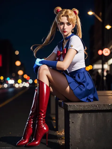 <lora:sailor_moon_v1:0.7>,1gril,sitting,crossed legs,cowboy shot,aausagi,double bun,twintails,blonde hair,parted bangs,circlet,jewelry,earrings,choker,red bow,white gloves,elbow gloves,blue skirt,red thigh boots,high_heels,outdoors,night,city,
masterpiece,...