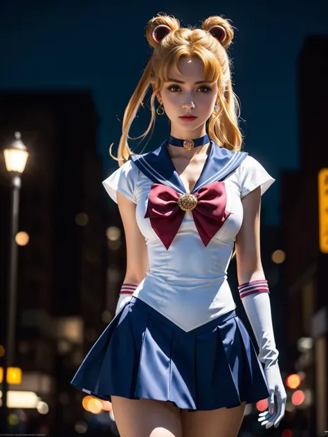 <lora:sailor_moon_v1:0.7>,1gril,standing,posing for a picture,cowboy shot,aausagi,double bun,twintails,blonde hair,parted bangs,circlet,jewelry,earrings,choker,red bow,white gloves,elbow gloves,blue skirt,outdoors,night,city,
masterpiece,best quality,highr...