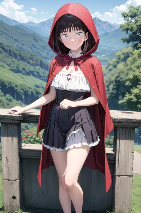 (masterpiece, best quality, detailed), 1girl, solo, iwakura_mitsumi, short hair, bob cut, black eyes, small pupils, black hair,, looking at viewer, 
<lora:little_red_riding_hood_v0.1:1>, little red riding hood, frilled dress, basket, miniskirt, cleavage, o...