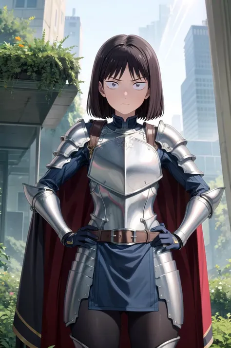 (masterpiece, best quality, detailed), 1girl, solo, iwakura_mitsumi, short hair, bob cut, black eyes, small pupils, black hair,, looking at viewer, 
armor, breastplate, armored dress, cape, gauntlets, pauldrons, bodysuit, belt, ruins, overgrown, rubble, pi...