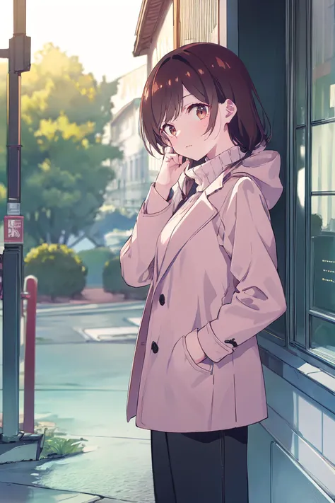 anime girl in a pink coat standing in front of a building