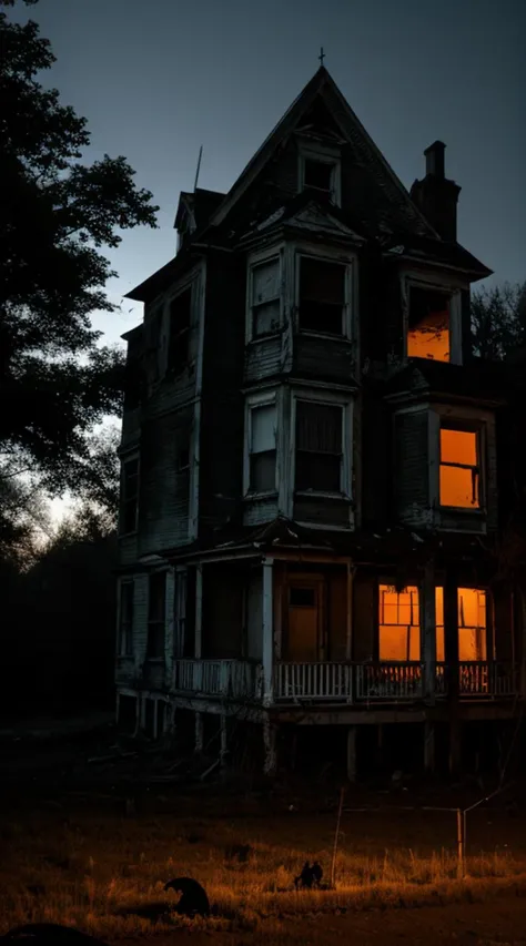 a dark picture of a house with a light on the front