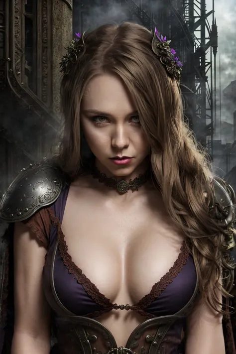 medium shot photo of a mix of (elf costume:0.8) and (evil costume:0.5) sks woman, (nice cleavage:1.1), intricate steampunk+ city, evening, dark, atmospheric, mist, best quality masterpiece, photorealistic, detailed, 8k, HDR, shallow depth of field, broad l...