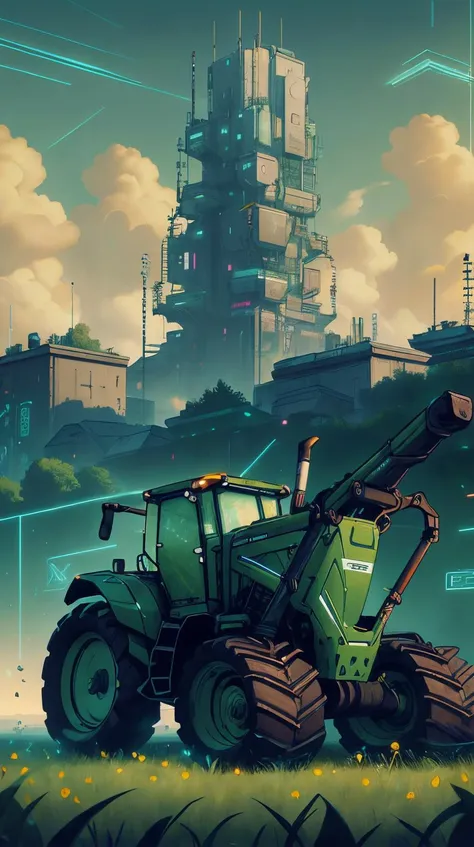 <lora:C7b3rp0nkStyle:1>RAW Photo of C7b3rp0nkStyle a green tractor plowing a field on a farm, cyberpunk style, photorealistic, (Masterpiece:1.3) (best quality:1.2) (high quality:1.1)