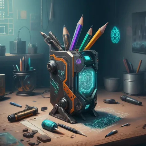 <lora:C7b3rp0nkStyle:1>RAW Photo of C7b3rp0nkStyle a broken pencil sharpener, cyberpunk style, photorealistic, (Masterpiece:1.3) (best quality:1.2) (high quality:1.1)