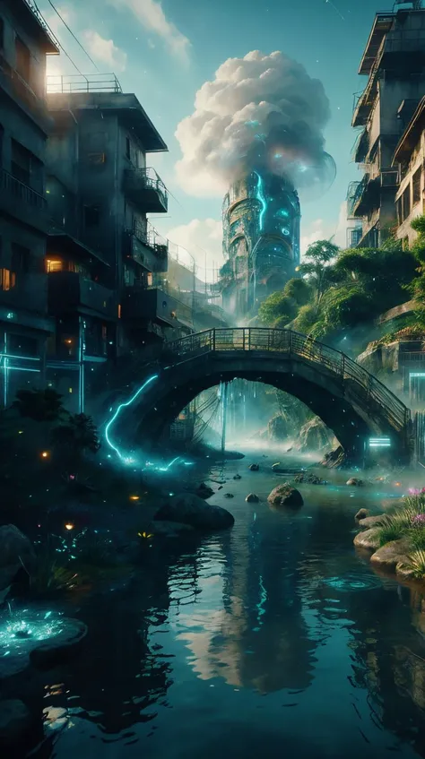 <lora:C7b3rp0nkStyle:1>RAW Photo of C7b3rp0nkStyle a hot spring feeding into the enchanted river causes steam to rise enchantingly, cyberpunk style, photorealistic, (Masterpiece:1.3) (best quality:1.2) (high quality:1.1)