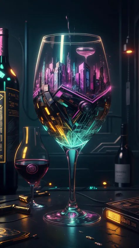 <lora:C7b3rp0nkStyle:1> C7b3rp0nkStyle wine glass, colorful, cyberpunk style, neon lights, dark mood, high contrast, (Masterpiece:1.3) (best quality:1.2) (high quality:1.1)