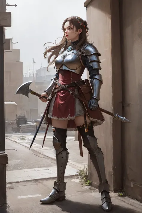 best quality,masterpiece,highly detailed,ultra-detailed,1girl,  <lora:AXE:0.3:Chr> 
(Gorget),An armor made of neck armor
holding weapon, holding axe,battle axe
holding long grip of axe, 
 fighting stance,