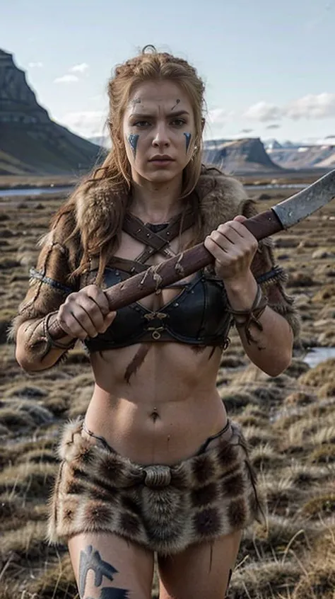 photograph, wide shot photo of a viking woman wearing fur and wielding <lora:AXE:0.6> an axe walking across the tundra, [blonde hair | ginger hair], [crop top | wearing fur], battle axe, holding an axe, norse,
broad, muscular, fierce expression, blue war f...