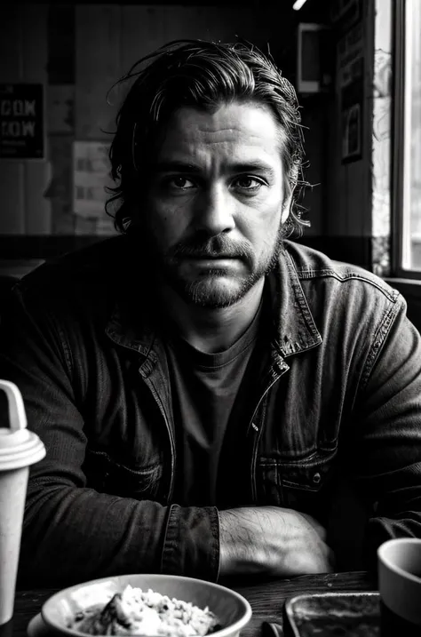 Gritty Portrait Photo of a weary, rugged individual sitting in a sparse, nondescript diner, his eyes betraying a sense of resigned acceptance, illuminated by the stark, fluorescent light overhead, from a close-up perspective, showcasing the films explorati...