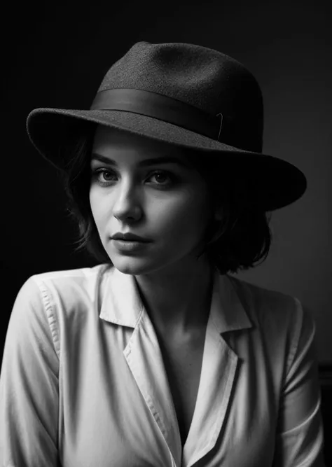 Film noir style, portrait of a woman, (short:0.3) wavy hair, detective, fedora hat, shirt, tie, indoor, bold lines, hyper detailed, mysterious, cinematic, looks at viewer, (closeup:0.8), (smoke:0.5), monochrome, studio lighting, high contrast, sharp focus ...