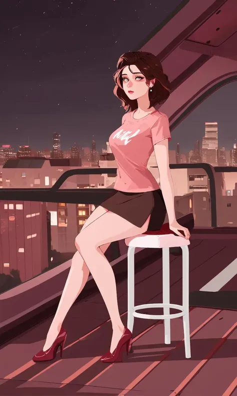 a woman sitting on a stool on a balcony with a city view