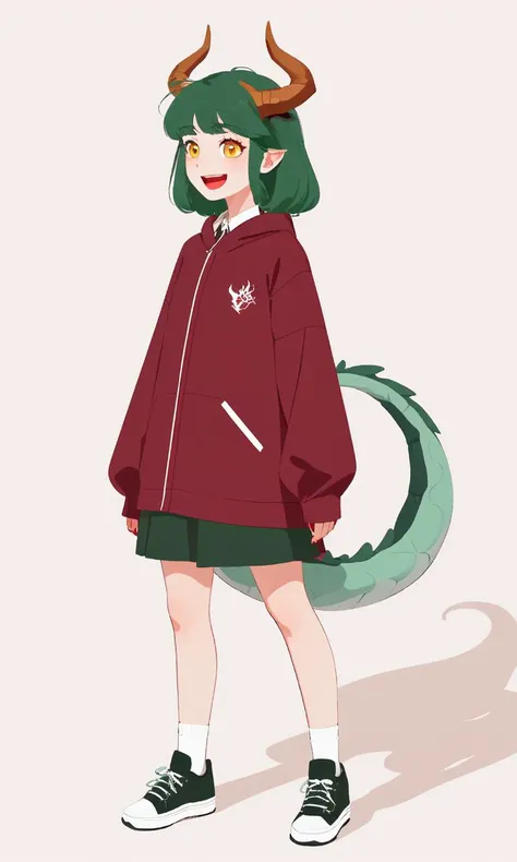 a cartoon girl with green hair and horns in a red jacket