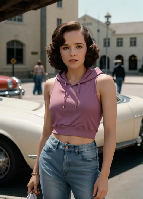 a woman in a cropped top standing in front of a car