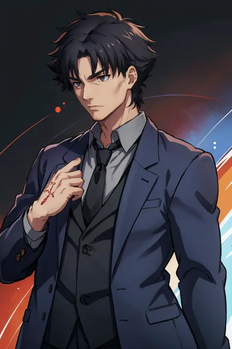 masterpiece, best quality,  <lora:EmiyaKiritsugu_V2-E10_(FateZero):0.7> emiyaki, stubble, long coat, suit, grey shirt, necktie, pants, upper body, hand up, tattoo, furrowed brow, abstract background