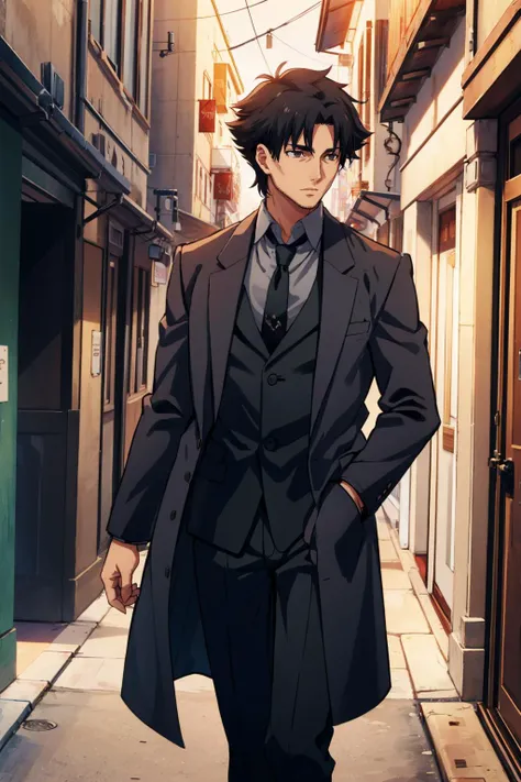 masterpiece, best quality,  <lora:EmiyaKiritsugu_V2-E10_(FateZero):0.7> emiyaki, stubble, long coat, suit, grey shirt, necktie, pants, shoes, cowboy shot, looking to the side, chiaroscuro, alleyway