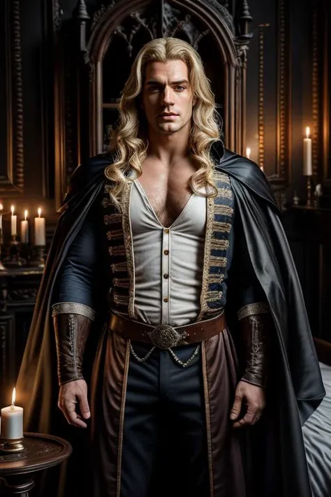 1man, portrait upper body of henry cavill alucardcastlevania wear court suit in bedroomgothic room, candle, looking at viewer, dim light, dark, horror (theme), realistic, long blonde, <lora:ARWAlucard:1> <lora:ARWBedroomGothic:1>  hecavill