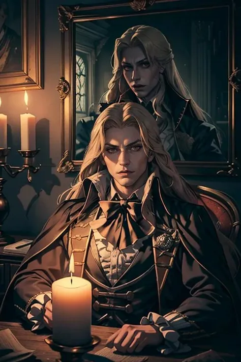 1man, handsome man, portrait upper body of alucardcastlevania wear court suit in bedroomgothic room, candle, looking at viewer, dim light, dark, horror (theme), realistic, long blonde, <lora:ARWBedroomGothic:1> <lora:ARWAlucard:1>